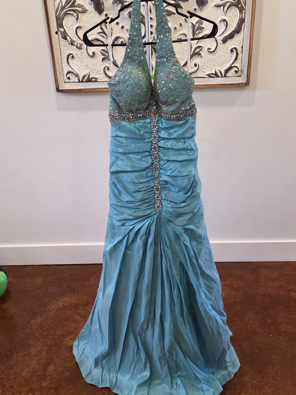 Tiffany Designs Turquoise Beaded Halter Mermaid Prom/Pageant Gown Size 4